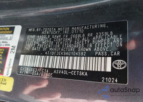 2010 Toyota Camry Se z USA, uszkodzony, nr VIN 4T1BF3EK9AU104592